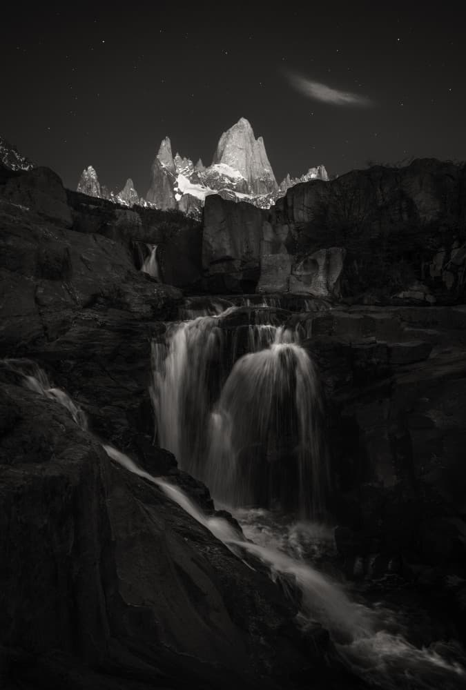 Fitz Roy Night Waterfall by Ruiqing P. — canvas wall art