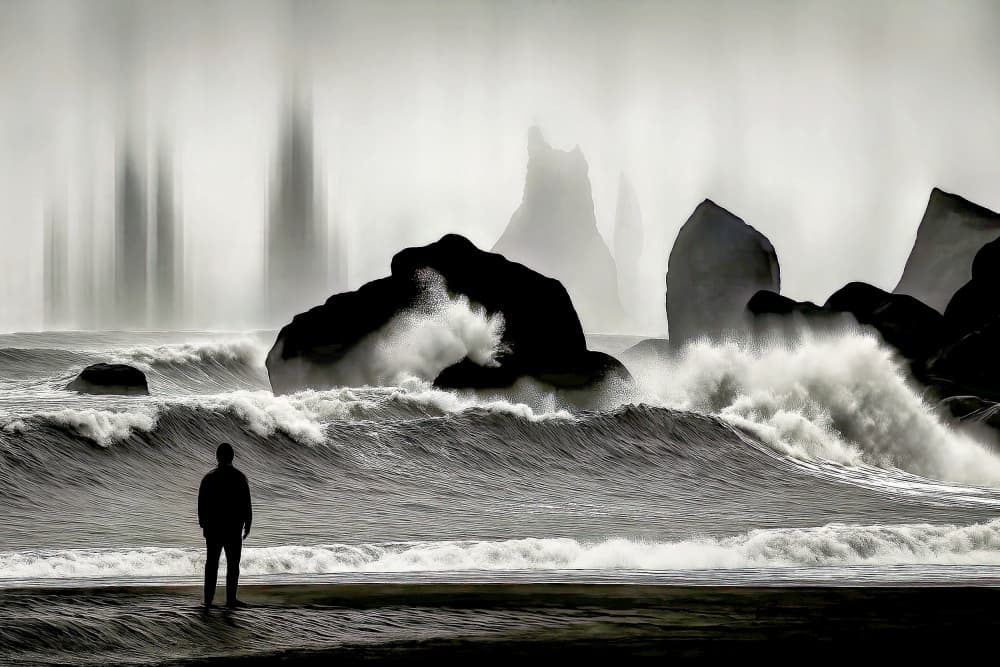 Man and Crashing Waves by X-FlyingKN — canvas wall art
