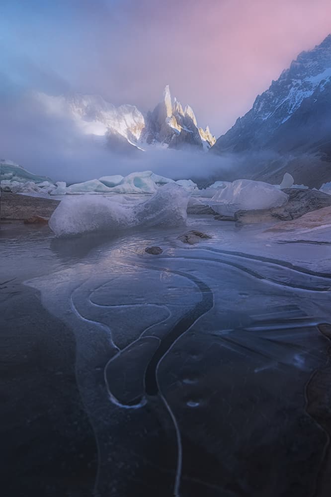 Misty Glacial Peaks Dawn by Yun Thwaits — canvas wall art
