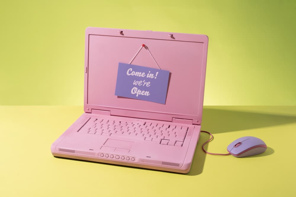 Pink Laptop Open Sign by Julia Ramiro — canvas wall art