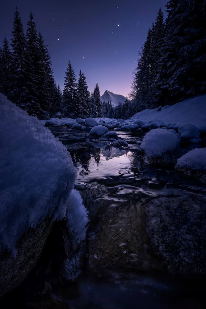 Winter River Starlight Reflection by Marian Kuric QEP — canvas wall art