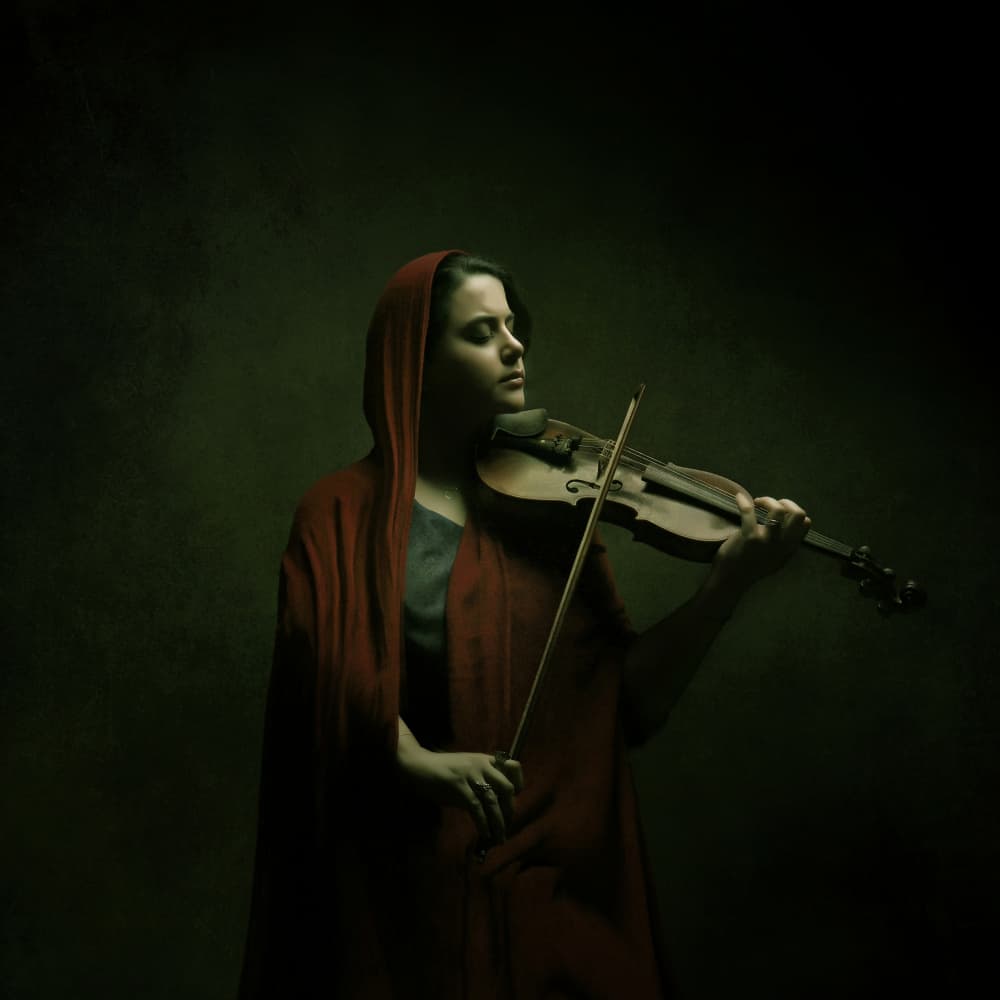 Red Cloak Violinist by Moein Hasheminasab — canvas wall art