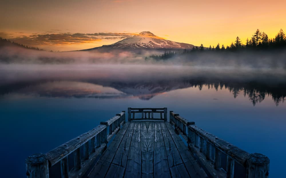 Misty Mountain Lake Pier by Larry Deng APA — canvas wall art