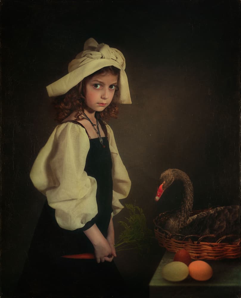 Girl and Black Swan by Svetlana Melik-Nubarova — canvas wall art