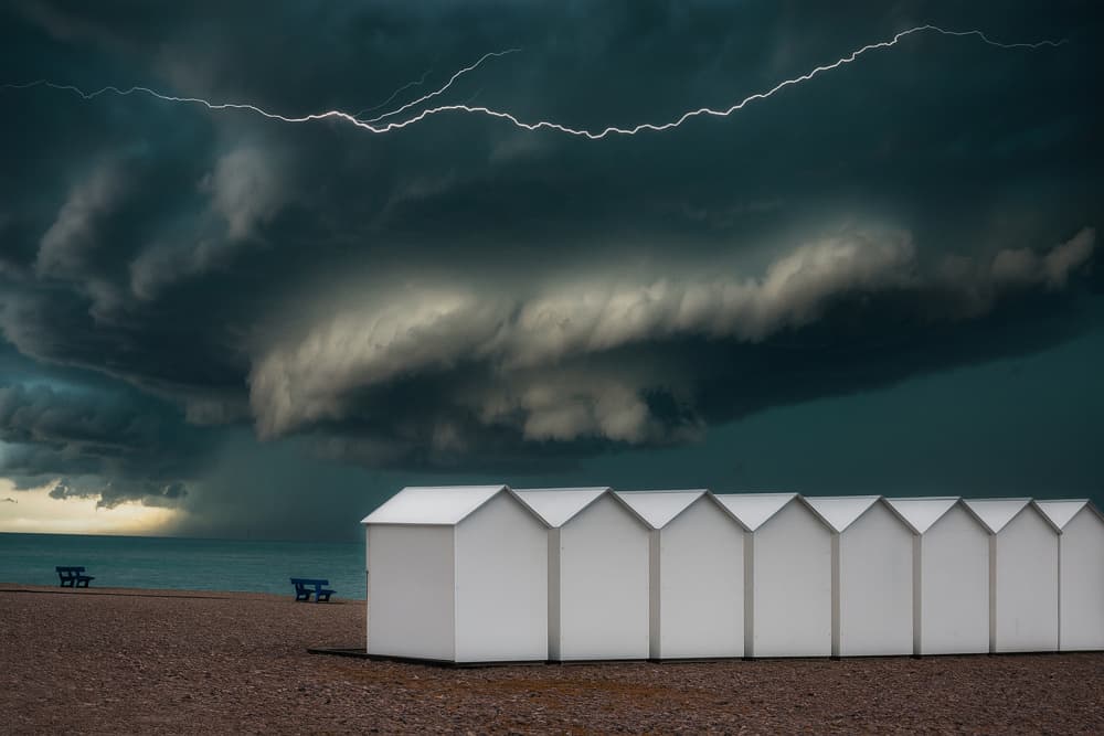 Lightning Over Beach Huts by Yvette Depaepe — canvas wall art