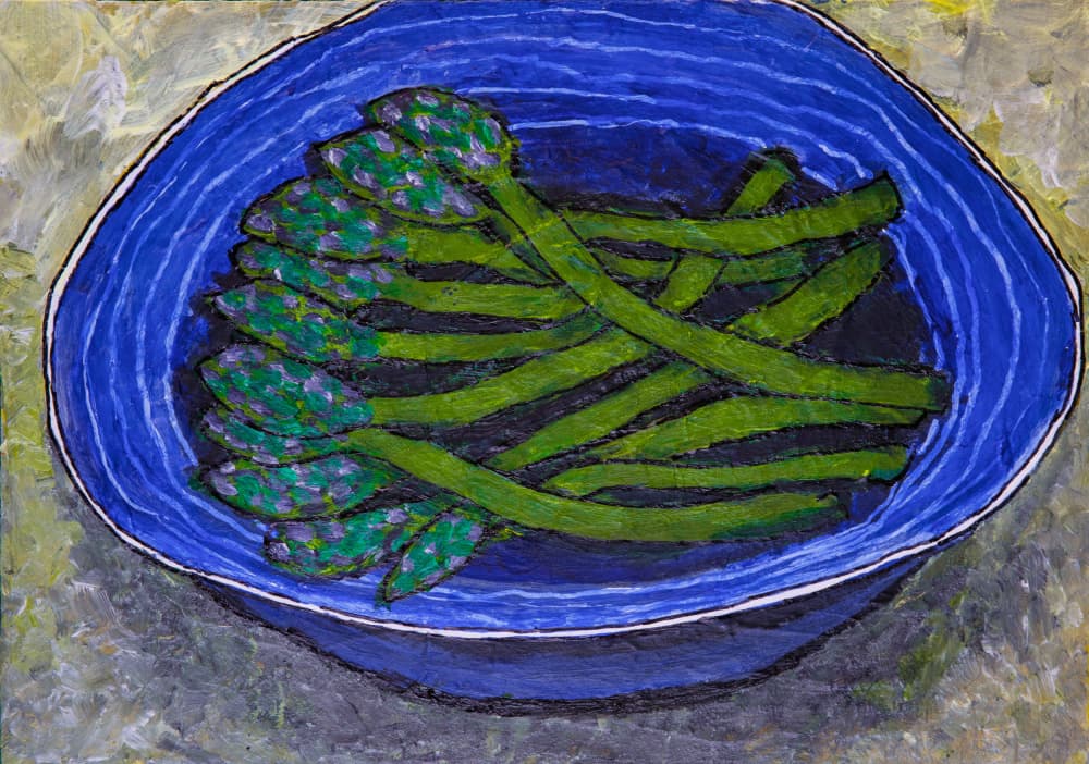 Green Asparagus In Blue Bowl by Dale Hefer — canvas wall art