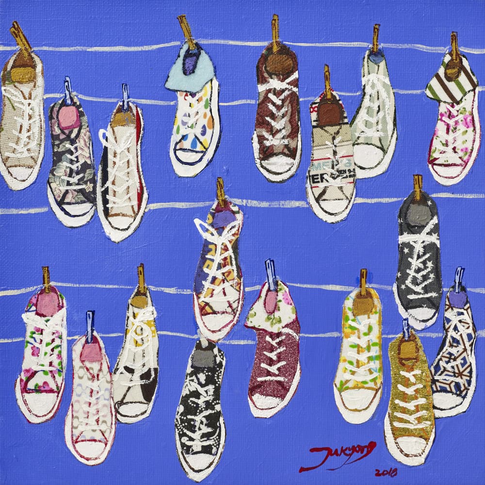 Colorful Hanging Sneakers by Jukyong Park — canvas wall art