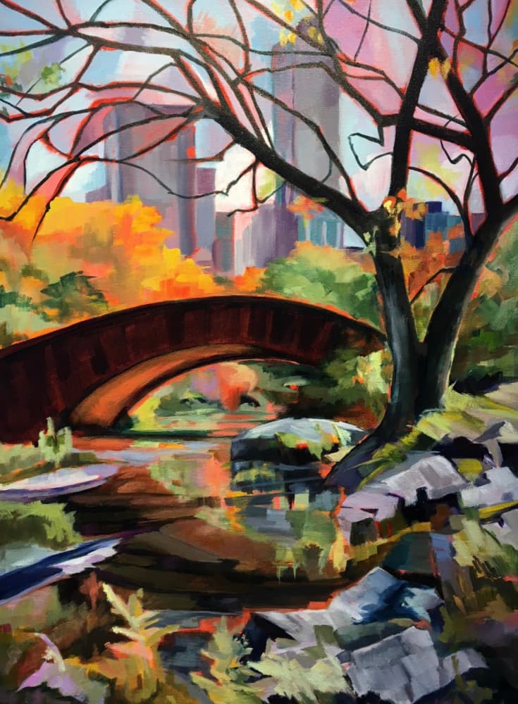 Vibrant Autumn Park Bridge by Maxine Shore — canvas wall art