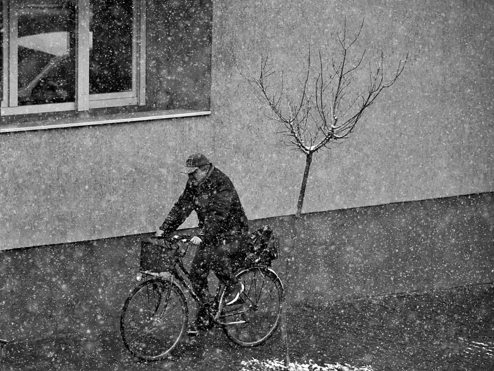 Winter City Cyclist by Nicoleta Gabor — canvas wall art