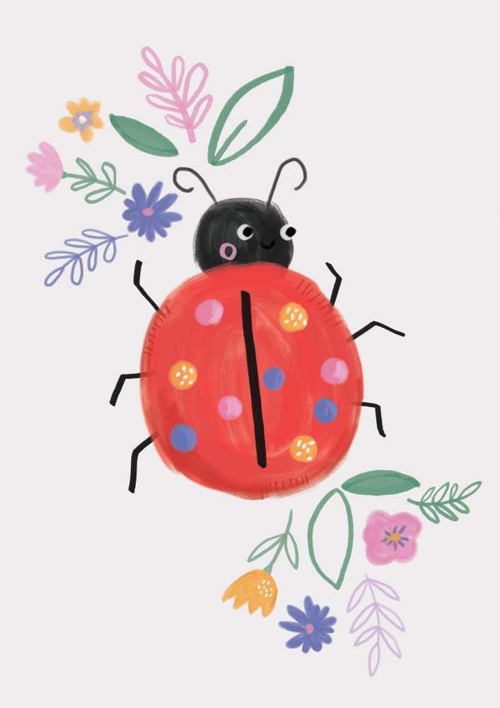 Happy Ladybug Flowers by Laura Pantony — canvas wall art
