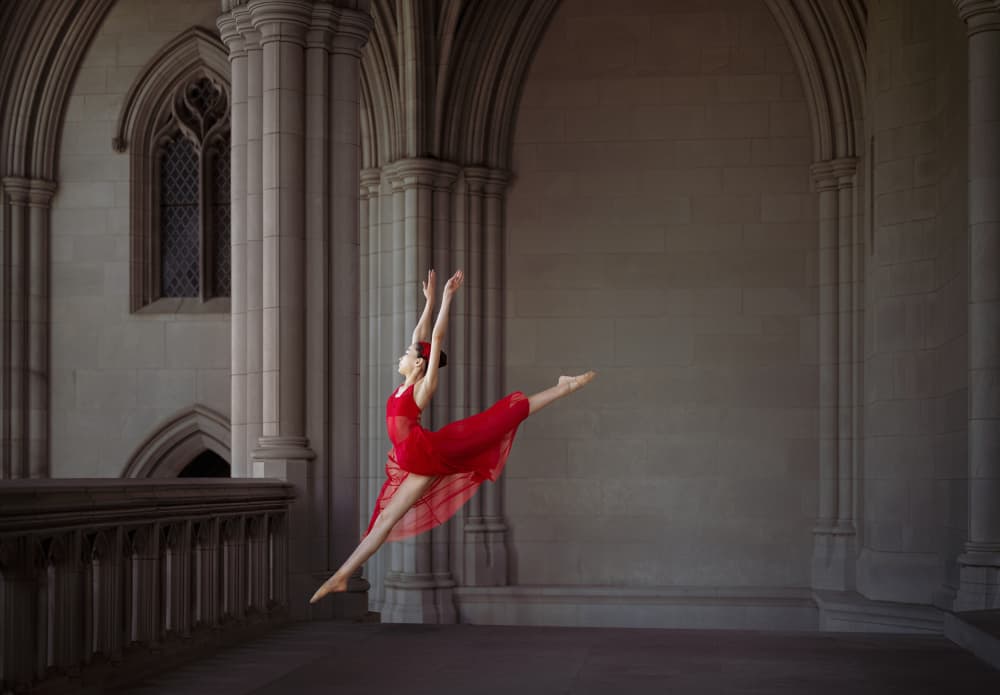 Elegant Red Ballet Jump by Catherine Wang — canvas wall art
