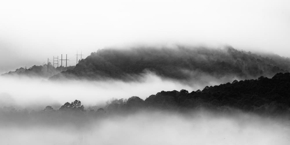 Misty Mountain Power Lines by Mike He — canvas wall art