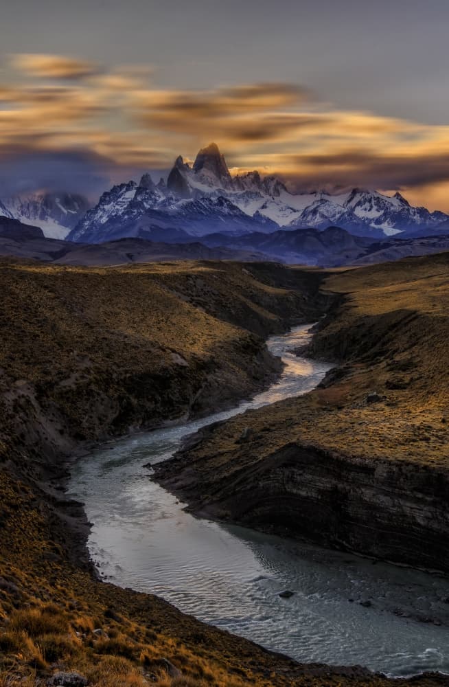 Winding River Patagonia Peaks by Jenny Qiu — canvas wall art
