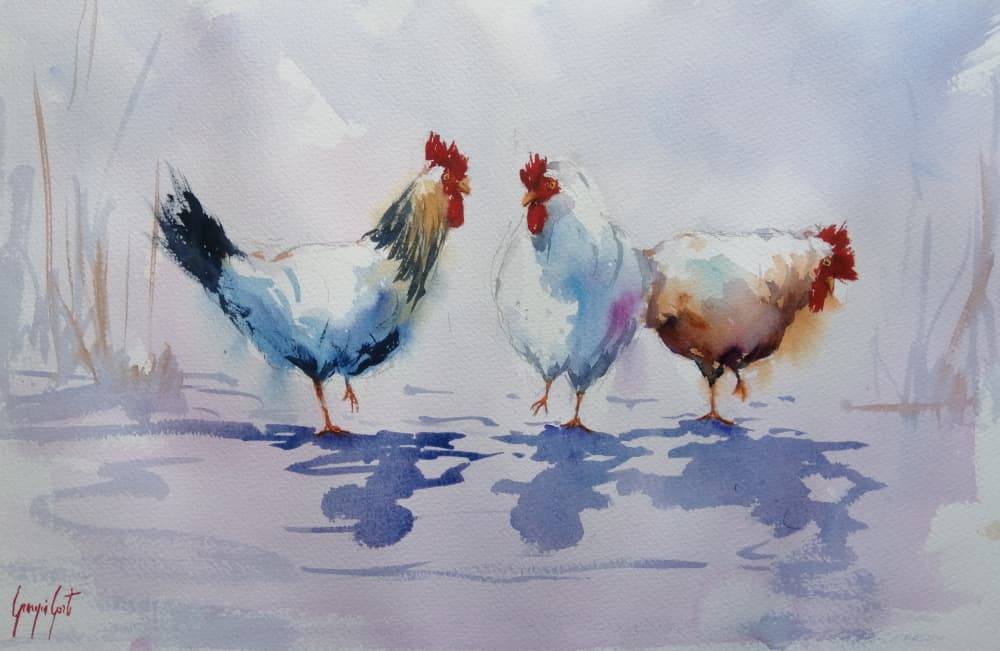 Three Farmyard Chickens by Giorgio Gosti — canvas wall art