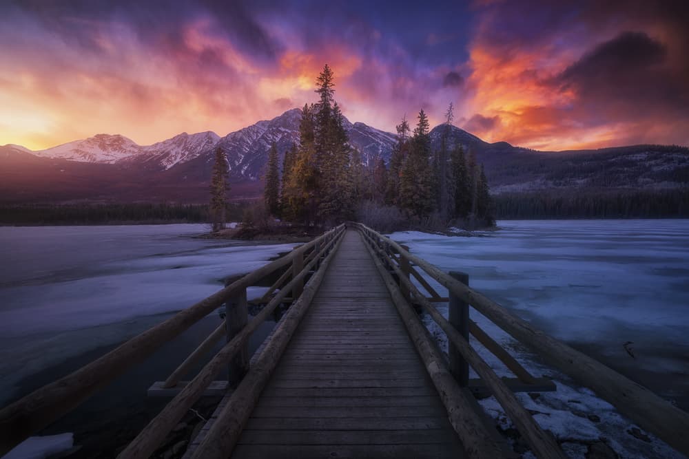Vibrant Mountain Sunset Bridge by Carlos F. Turienzo — canvas wall art