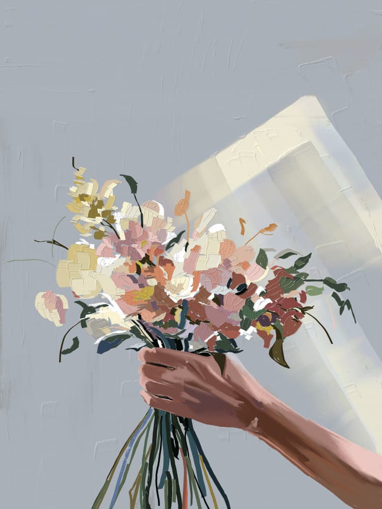 Hand Holding Pastel Flowers by Jenna Alheit — canvas wall art