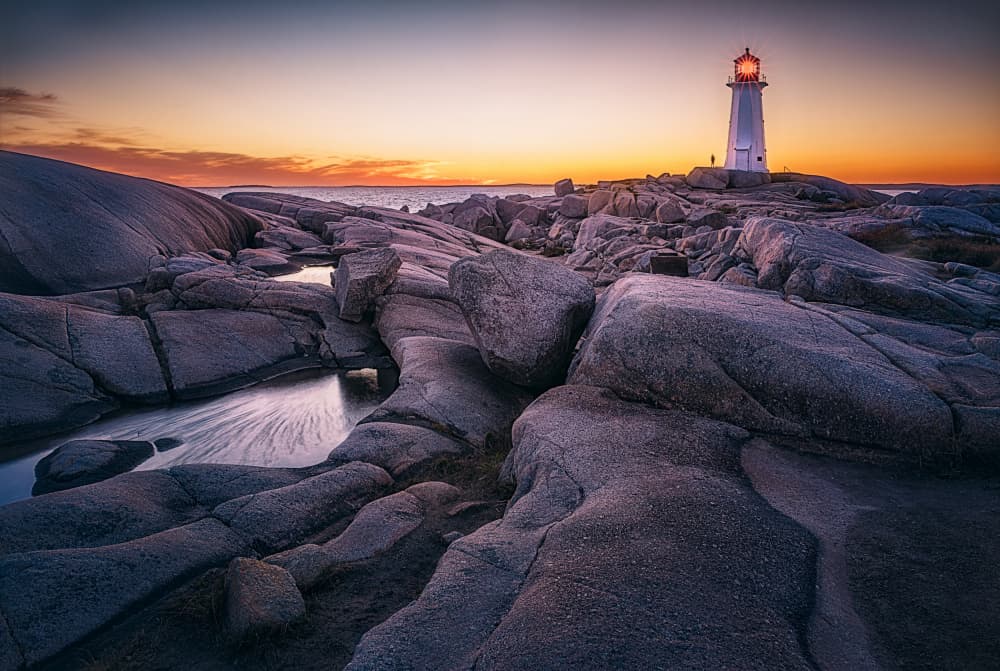 Rocky Shore Lighthouse Sunset by Ben.C.L — canvas wall art