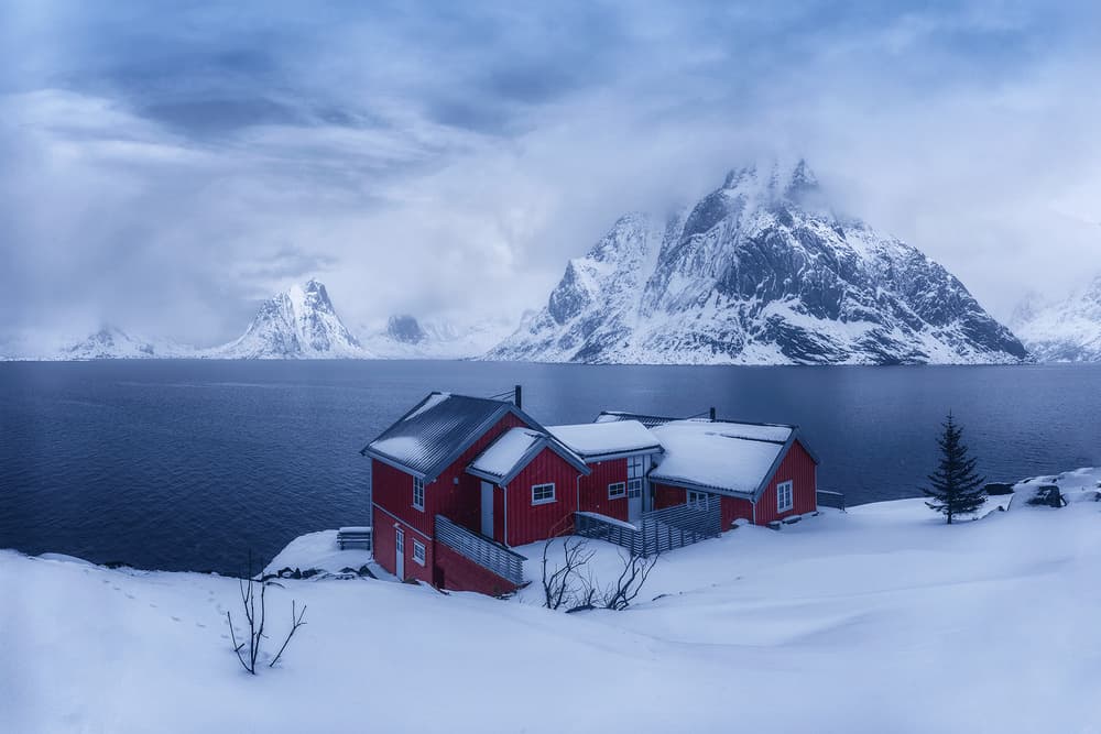 Snowy Fjord Red Cabins by Mei Xu — canvas wall art