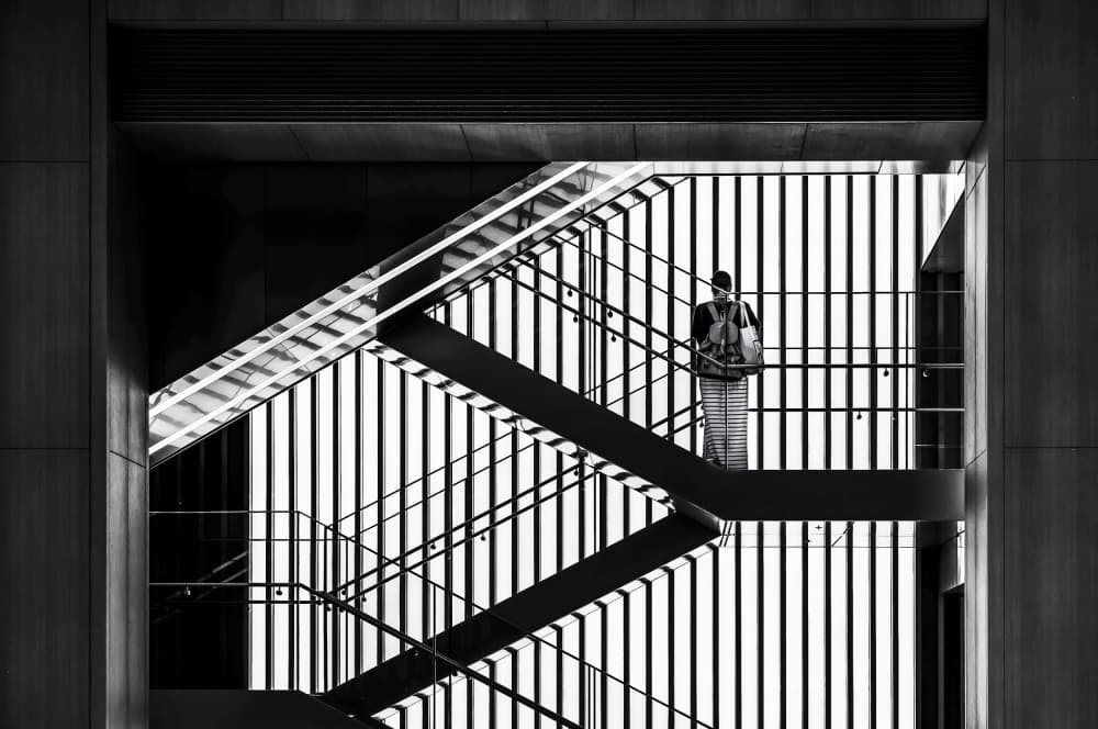 Figure on Modern Stairs by Tomoshi Hara — canvas wall art