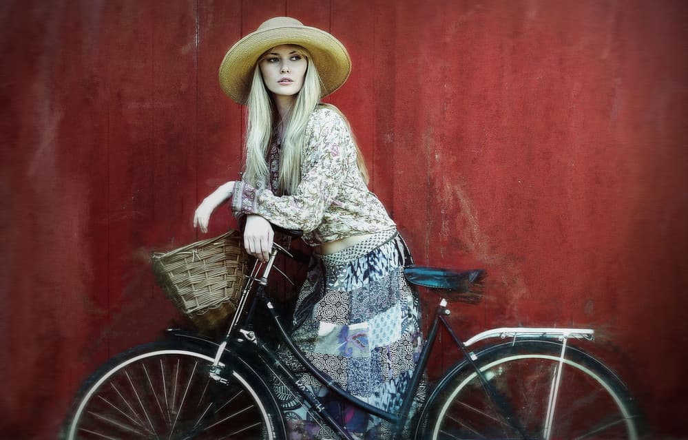 Bohemian Woman and Bicycle by kenp — canvas wall art