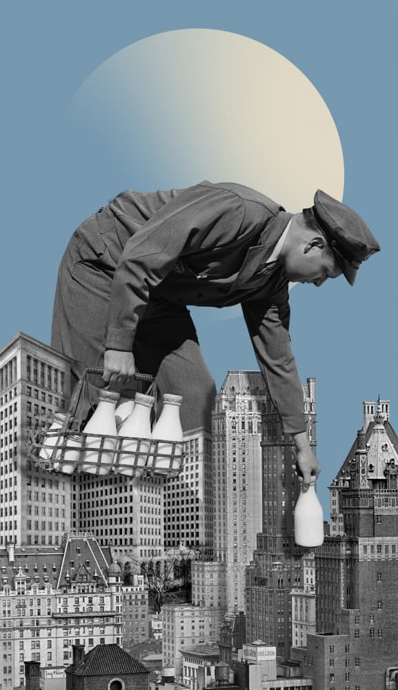Surreal City Milkman by Marja van den Hurk — canvas wall art