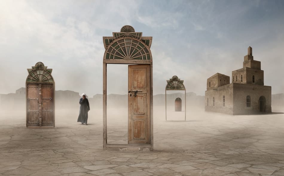 Ancient Doors Desert Journey by Hussain Buhligaha — canvas wall art