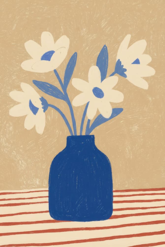 White Blooms Blue Vase by Melloi Art Prints — canvas wall art