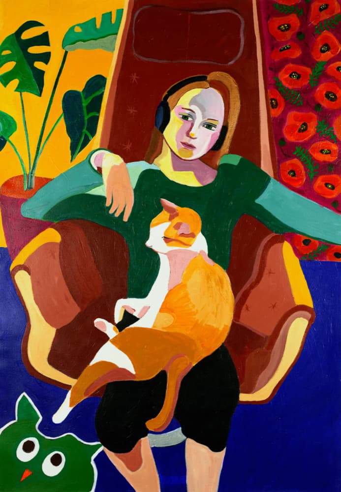 Cozy Girl and Cat by Monica Prentice — canvas wall art