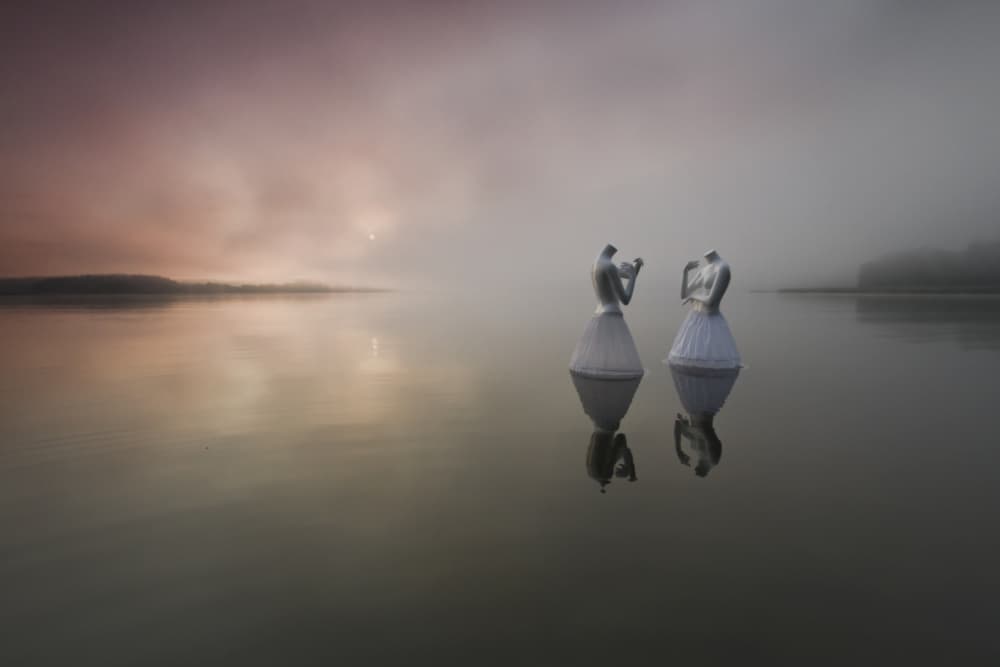 Misty Lake Mannequins by Leszek Paradowski — canvas wall art