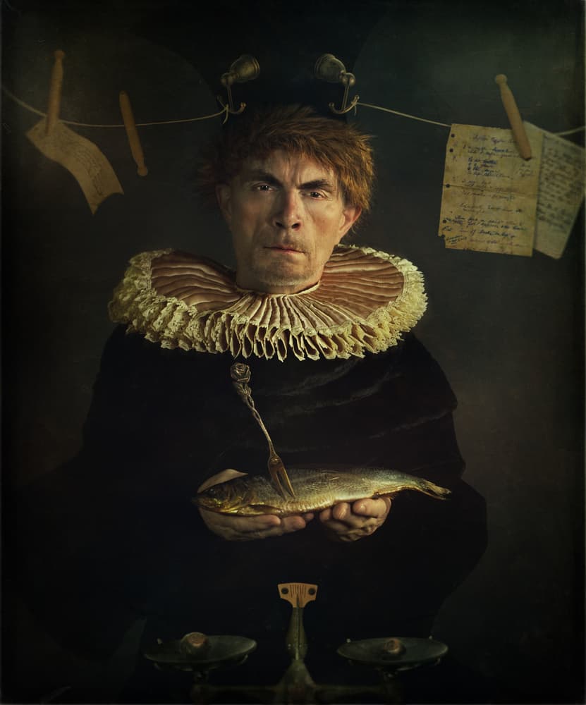 Peculiar Man Holding Fish by Svetlana Melik-Nubarova — canvas wall art