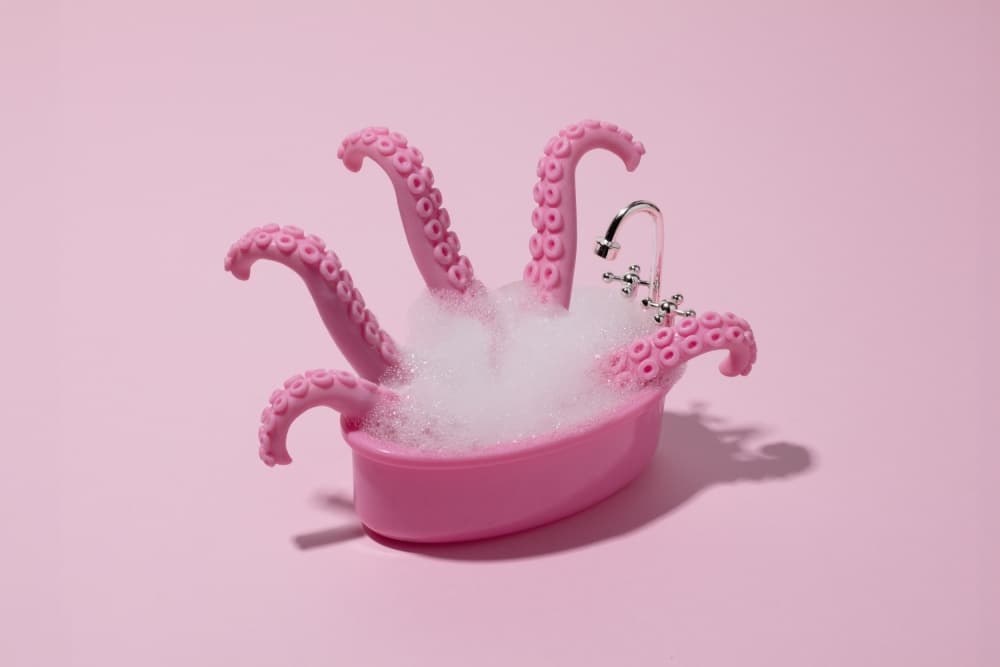 Pink Octopus Bubble Bath by Julia Ramiro — canvas wall art