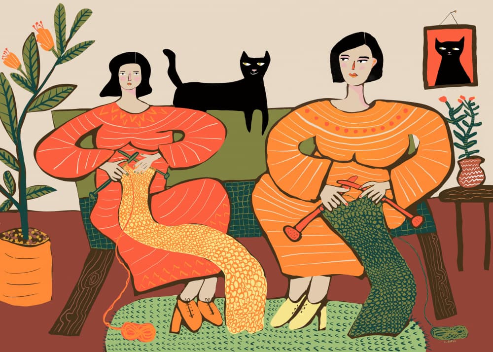 Cozy Knitting Women by Sharyn Bursic — canvas wall art