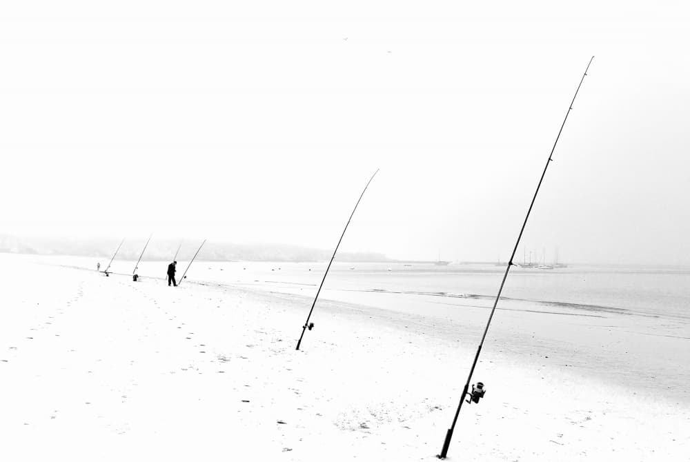 Misty Beach Fisherman by Laura Mexia — canvas wall art