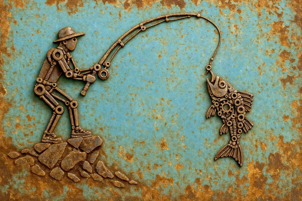 Rustic Robot Fishing by Natalie Bruns — canvas wall art