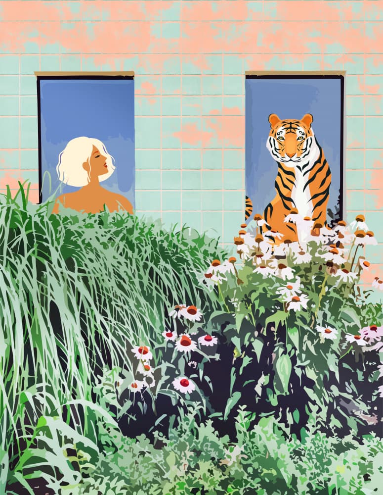Woman and Tiger Garden by Uma Gokhale — canvas wall art