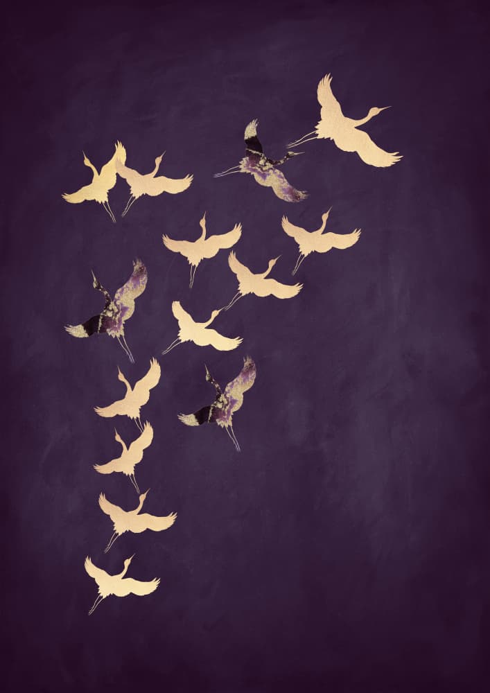Golden Cranes Flight by Aureous — canvas wall art