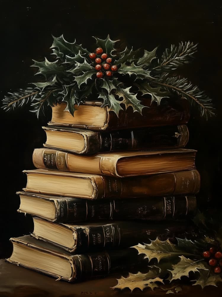 Christmas Books and Holly by Jolly and Dash — canvas wall art