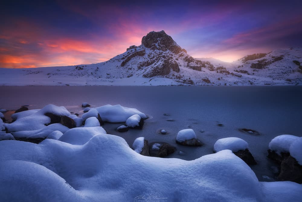 Frozen Lake Mountain Sunset by Carlos F. Turienzo — canvas wall art