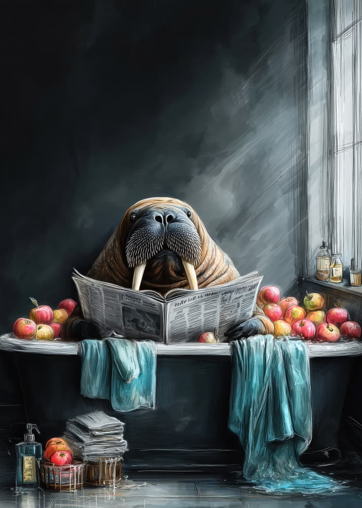 Walrus Reads In Tub by Justyna Jaszke — canvas wall art