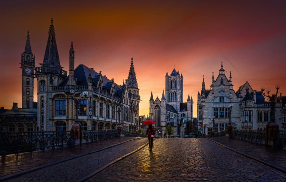Red Umbrella City Sunset by Kenneth-Wei Zeng — canvas wall art