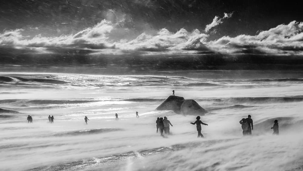 Misty Beach Walkers by Marc Pelissier — canvas wall art