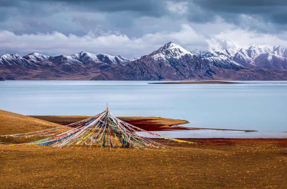 Prayer Flags Mountain Lake by Irene Wu — canvas wall art