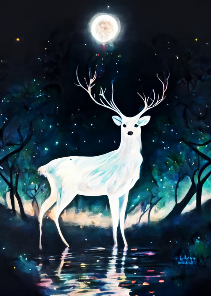 White Deer Moonlit Forest by Muh Asdar — canvas wall art