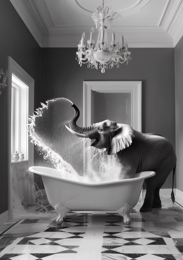 Playful Elephant Bath by Niky Rahner — canvas wall art