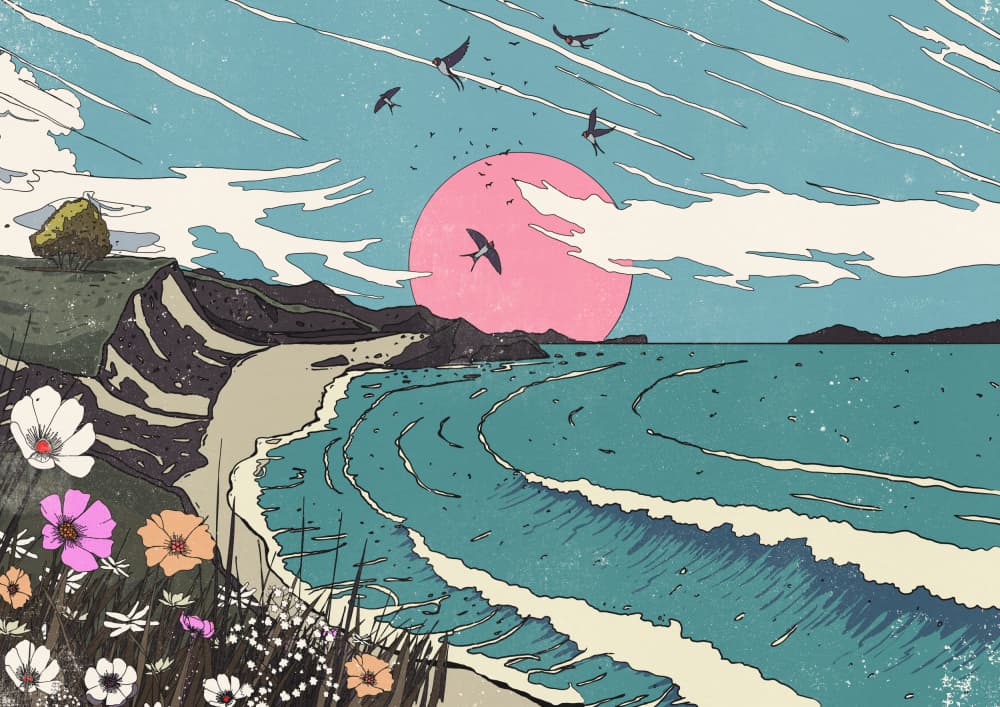 Pink Sun Beach Flight by Nicholas — canvas wall art
