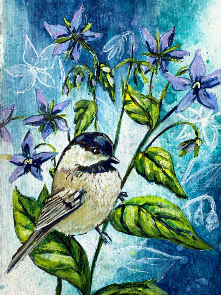 Blue Garden Chickadee by Renee Machan Cottagecore Artist — canvas wall art