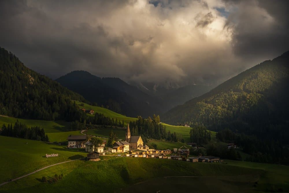 Sunlit Alpine Village by Judy Tseng — canvas wall art