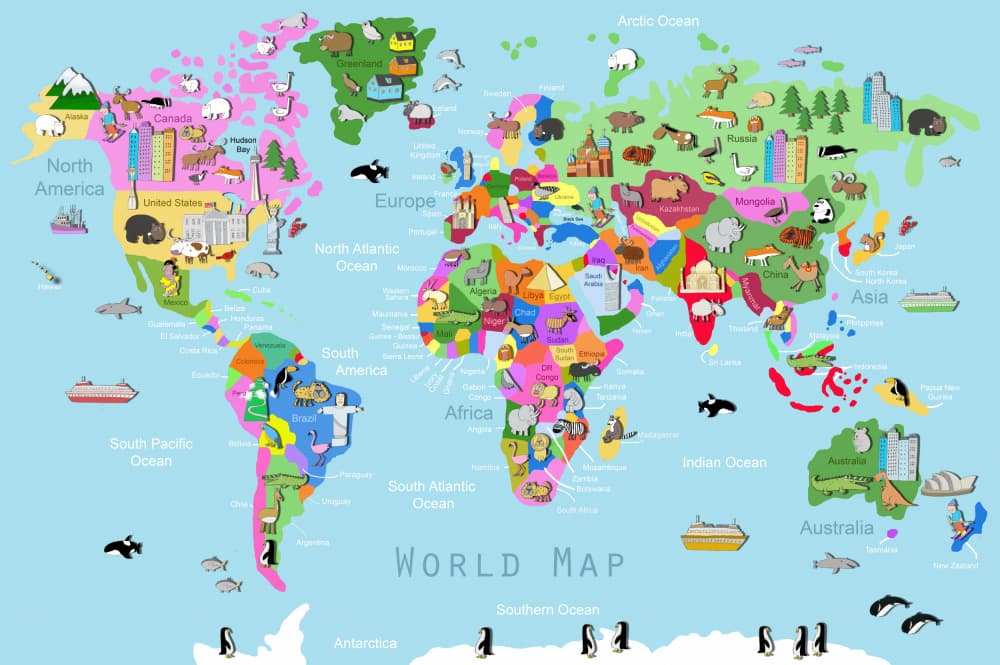 Cute Animals World Map by Carla Daly — canvas wall art