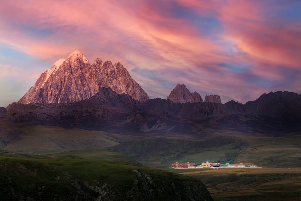 Mountain Temple Sunset by Simoon — canvas wall art