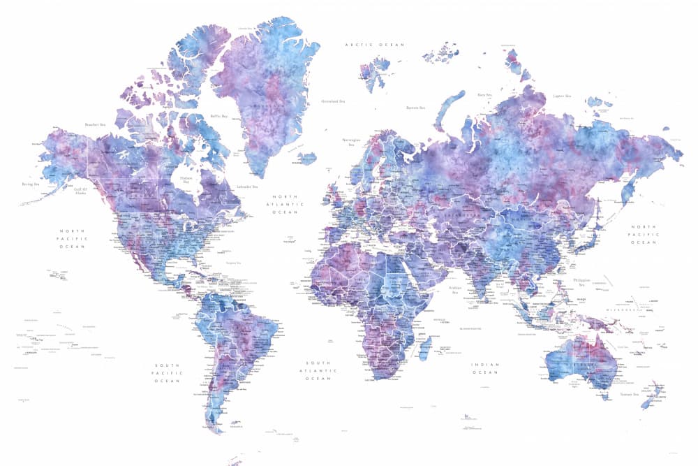 Purple Blue World Map by Rosana Laiz Blursbyai — canvas wall art